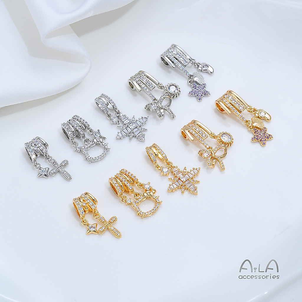 14K Gold-Plated ฝังเพทาย KT Cat Line Bow แปดเหลี่ยม Star จี้ Handmade DIY สร้อยข้อมือสร้อยคออุปกรณ์เ