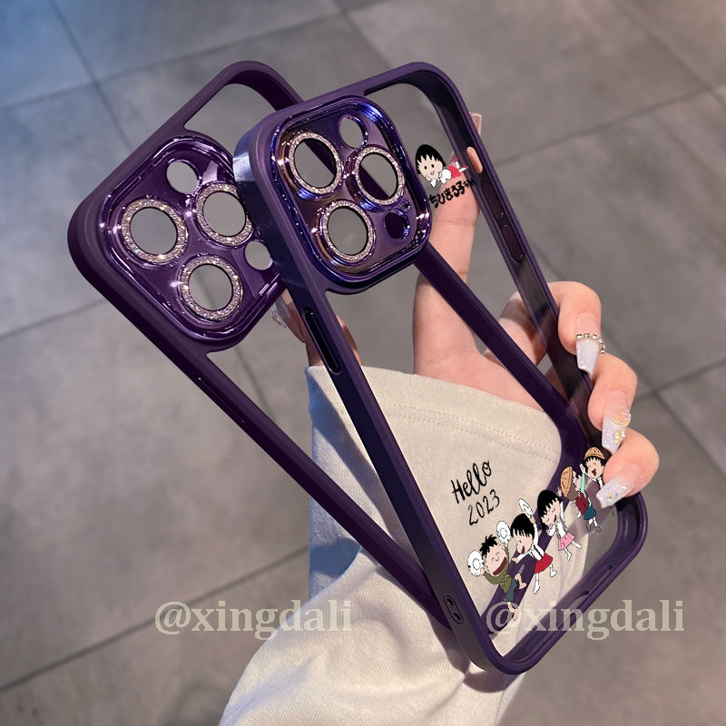 เคสโทรศัพท์มือถือ ลายการ์ตูนเชอร์รี่ มารุโกะ ชุบไฟฟ้า ป้องกันเลนส์กล้อง สําหรับ iPhone 15 14 13 12 11 Pro Max 14 Plus 15 Plus
