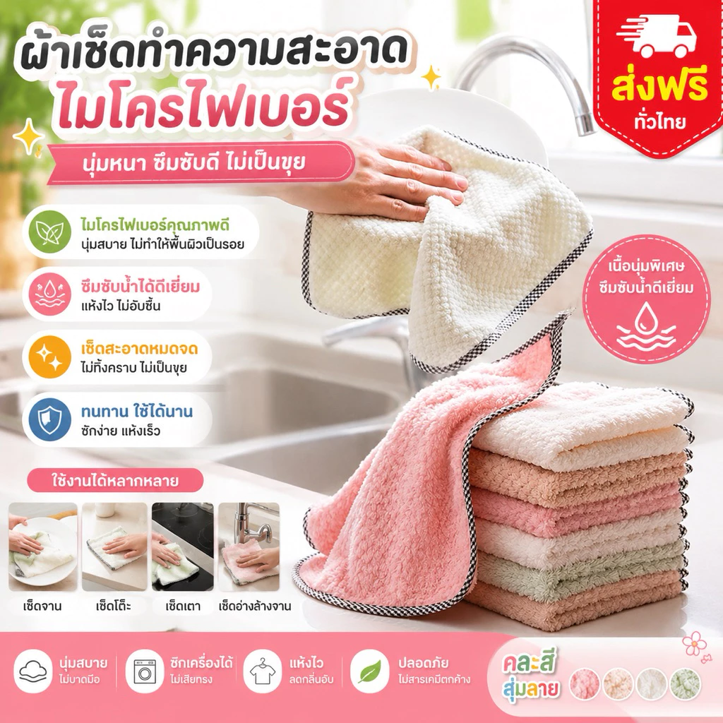 kingshopping(ร้านไทย)(CPZ05) ผ้าเช็ดจาน ผ้าเช็ดโต๊ะ ดูดซับน้ำได้ดีเยี่ยม สำหรับทำความสะอาด 25x25cm ผ้าเช็ดเอนกประสงค์