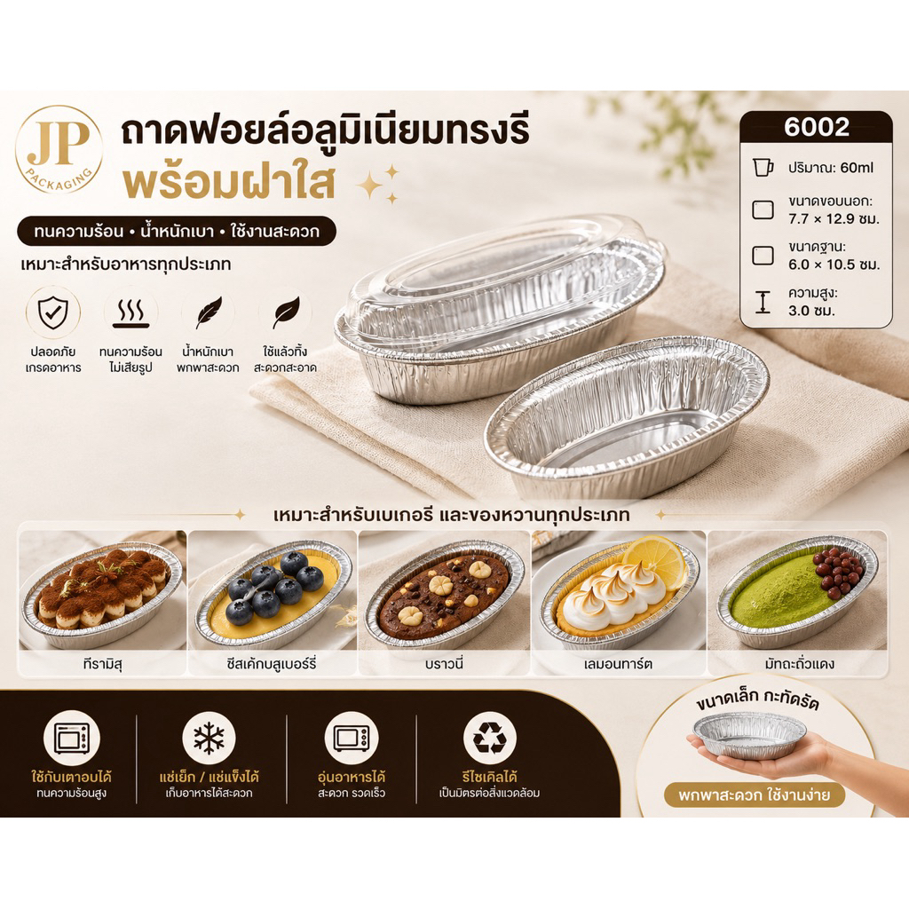 ถ้วยฟอยล์ 6003 ทรงรี ขนาดเล็ก พร้อมฝาใส 60ml 100ชุด