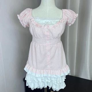 Monie studio | Sweet Meadow Ribbon Set เสื้อแฟชั่นผู้หญิง ลายตารางพาสเทล เสื้อแขนพอง แต่งระบาย โบว์หน้าอก