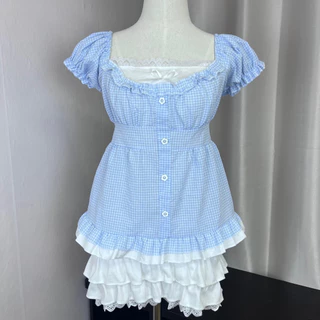 Monie studio | Sweet Meadow Ribbon Set เสื้อแฟชั่นผู้หญิง ลายตารางพาสเทล เสื้อแขนพอง แต่งระบาย โบว์หน้าอก