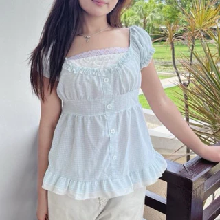 Monie studio | Sweet Meadow Ribbon Set เสื้อแฟชั่นผู้หญิง ลายตารางพาสเทล เสื้อแขนพอง แต่งระบาย โบว์หน้าอก