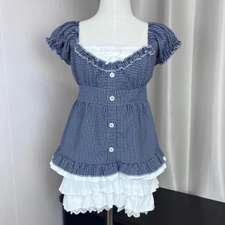 Monie studio | Sweet Meadow Ribbon Set เสื้อแฟชั่นผู้หญิง ลายตารางพาสเทล เสื้อแขนพอง แต่งระบาย โบว์หน้าอก