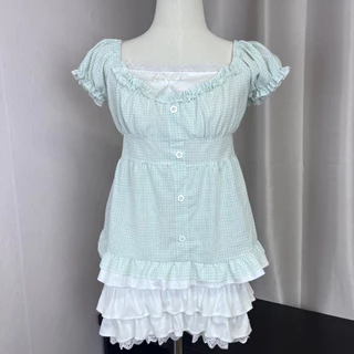 Monie studio | Sweet Meadow Ribbon Set เสื้อแฟชั่นผู้หญิง ลายตารางพาสเทล เสื้อแขนพอง แต่งระบาย โบว์หน้าอก