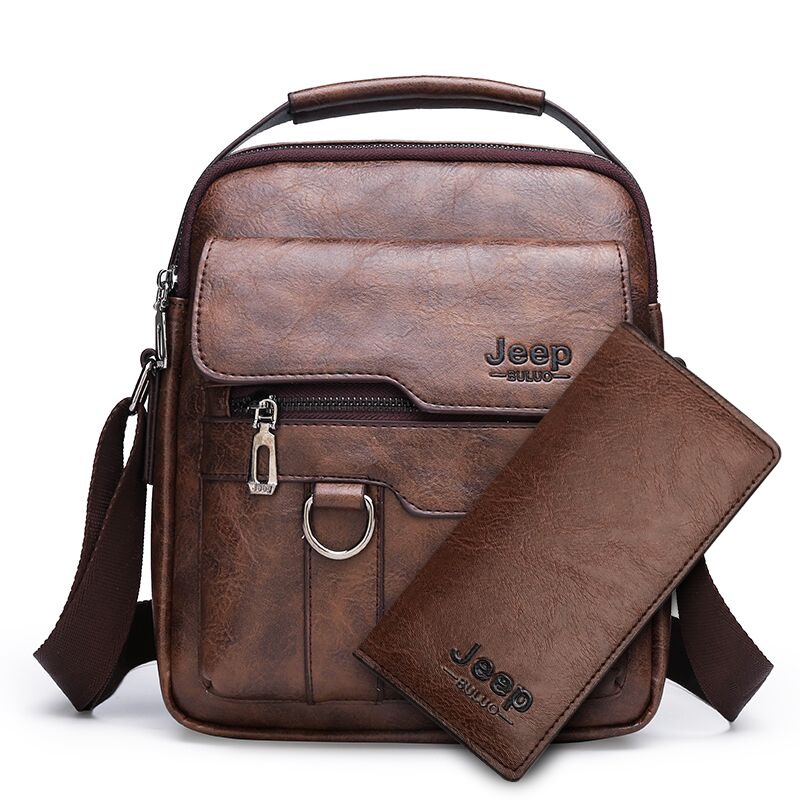 Jeep BULUO PU สีทึบ Soft Face ผู้ชายไหล่ Crossbody กระเป๋าธุรกิจ Retro กระเป๋าเอกสารพร้อมกระเป๋าและกระเป๋าสตางค์ชุด