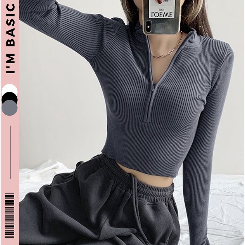 เสื้อเชิ้ตโครเชต์สีเทาเข้มแขนยาวผู้หญิงคอปกซิป Im Basic Elastic Soft และบุคลิกภาพเสื้อกันหนาว ADT01