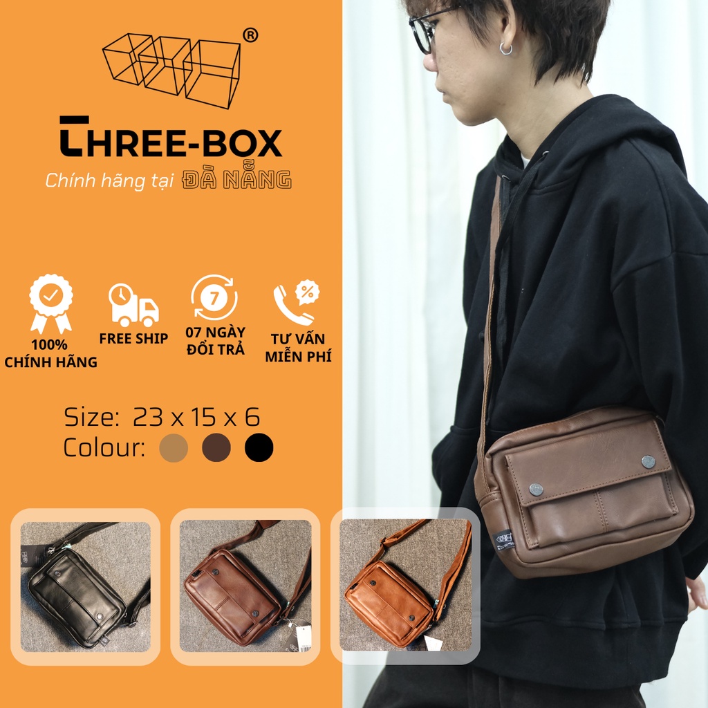 Three Box - กระเป๋าสะพายข้างหนังแท้