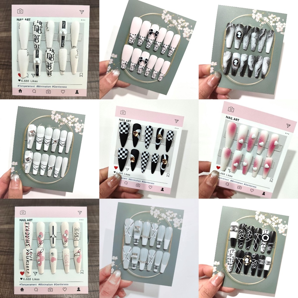 Sz ชุดเล็บปลอม 24 ชิ้น พร้อมกาว เนื้อแมตต์ สติกเกอร์เล็บยาว เล็บฝรั่งเศส ดูแลเล็บปลอม เล็บปลอม พร้อมกาว เล็บปลอม