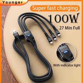 สายชาร์จ 100w 3In1 6A 30 นาที แบบถัก สีมาการอง สําหรับ i-phone Android Type C