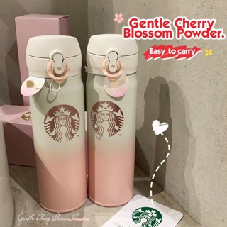 【500 มล.】starbucks กระติกน้ําร้อน สวิตช์เด้ง สเตนเลส ลายดอกซากุระ ไล่โทนสี