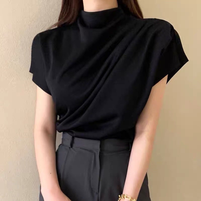 เสื้อยืดแขนสั้นคอปกไหล่จีบ 3 นิ้วสําหรับผู้หญิงสุดน่ารัก