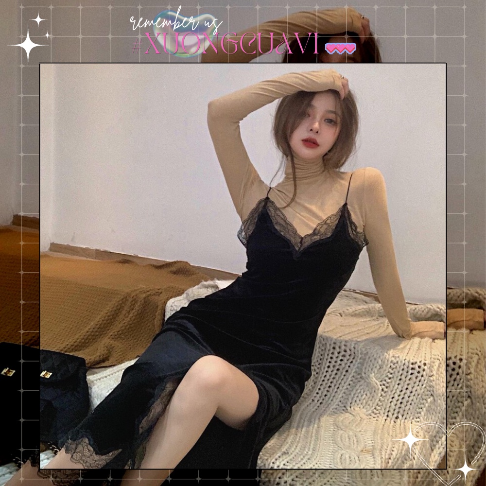 [SHIP 0VND] เซตเดรสยาวกํามะหยี่สีดําลูกไม้ผ่าหุ่น+คอเต่าแขนยาว SAV016 Vis Factory