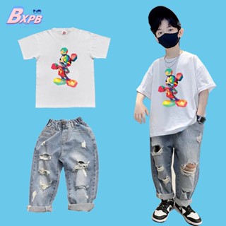 Bxpb ใหม่ ชุดเสื้อยืดแขนสั้น และกางเกงยีน ทรงหลวม พิมพ์ลาย ใส่สบาย แฟชั่นฤดูร้อน สําหรับเด็ก ไซซ์ 110-170