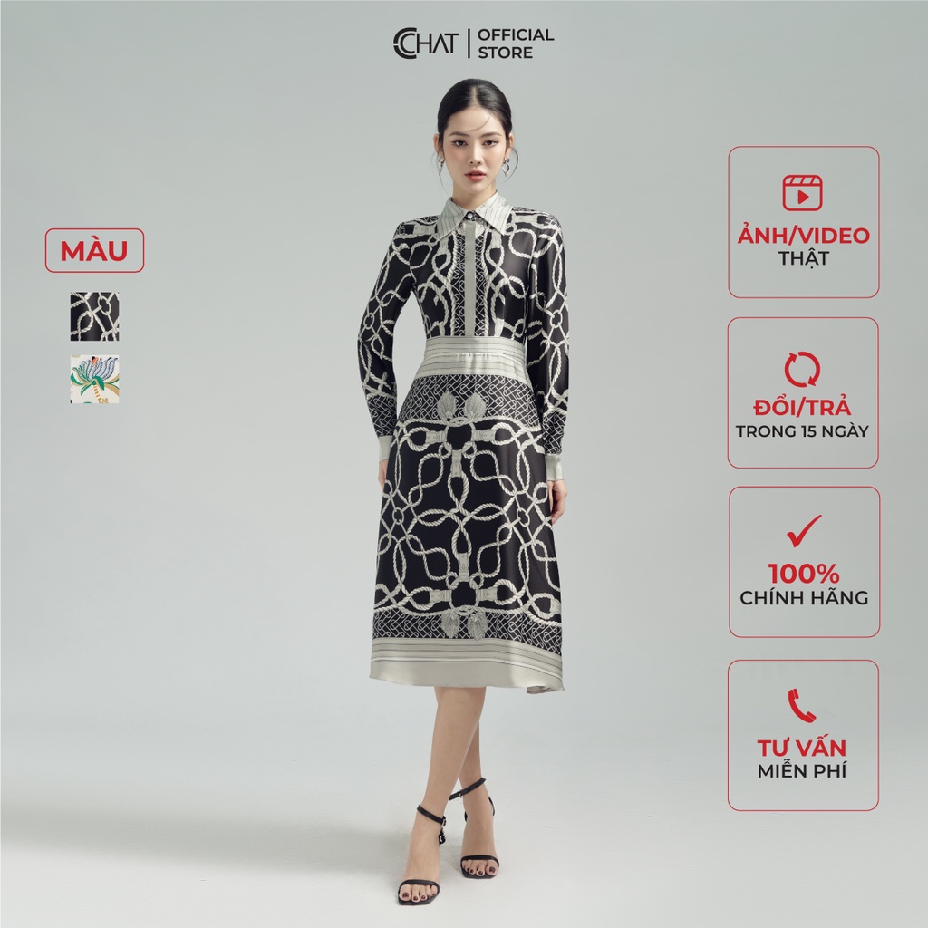 ชุดเดรสผู้หญิง CCHAT คอปกเยอรมันเปิดปุ่มด้านหน้า Flared Shape Soft Silk 22VDL5011XT