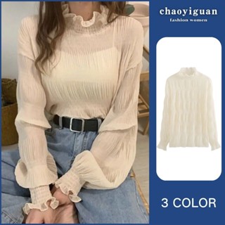 ┋Chaoyiguan.th | เสื้อชีฟอง แขนยาว สีพื้น แฟชั่นสไตล์เกาหลี สําหรับผู้หญิง/เสื้อเชิ้ต ผ้าชีฟอง คอสูง แบบครึ่งหนึ่ง