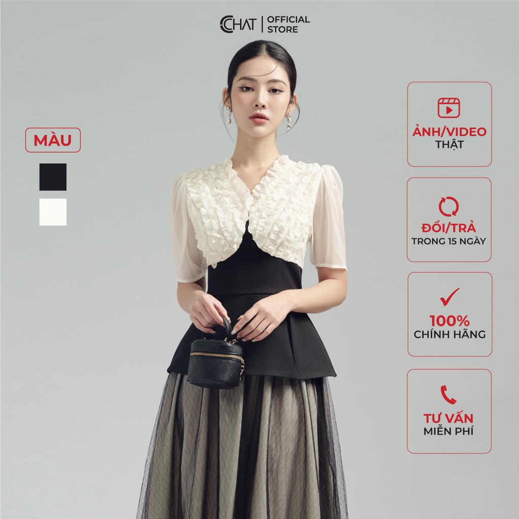เสื้อผู้หญิง CCHAT V คอ Ruffled Peplum Bodice Soft Welded Tutsi 53ANS8002PT