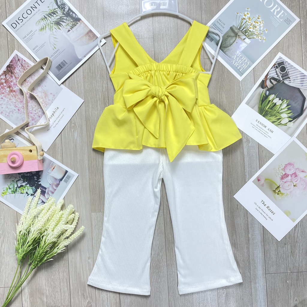 ชุดเสื้อผ้าเด็กผู้หญิงแต่งระบายสีเหลืองและกางเกงบาน 8-28กก. ดีไซน์แฟชั่น Angel Baby