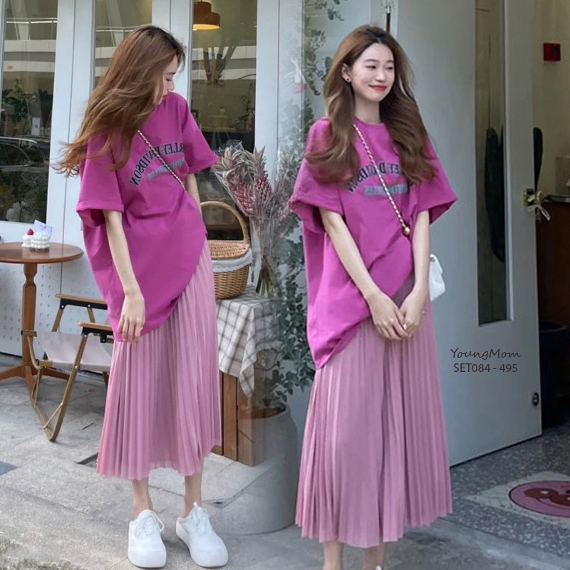 คุณแม่หนุ่ม | เสื้อสีชมพูน่ารัก+กระโปรงคนท้อง ชุด084 เสื้อยืด+กระโปรงคลุมท้องผ้าไหมพรมนุ่ม