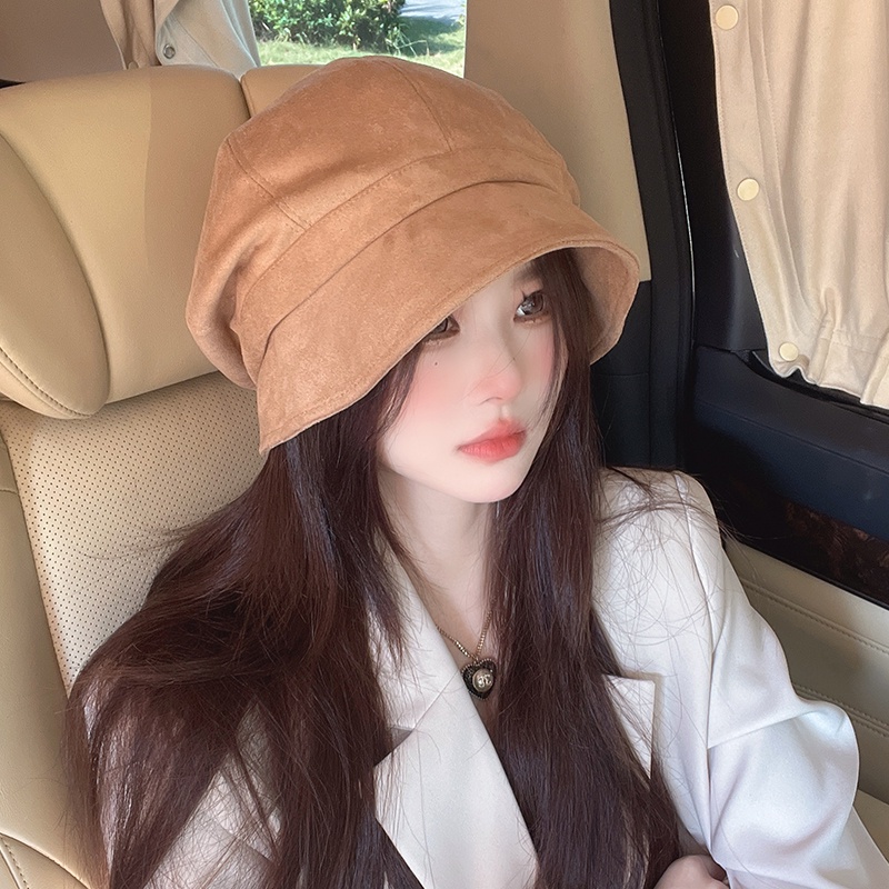 Niche Bucket Beret ผู้หญิง Suede ฤดูใบไม้ร่วงฤดูหนาวสไตล์ญี่ปุ่นเส้นรอบวงหัวใหญ่ Retro Peaked แปดเหลี่ยมกองจิตรกรหมวก
