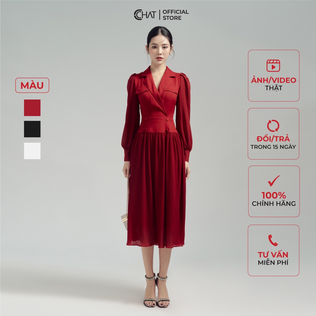 ชุดเดรสผู้หญิง CCHAT ชุดเดรสคอปกสองลายจับจีบทําจาก Tutsi คุณภาพสูง 62VDS8024LT