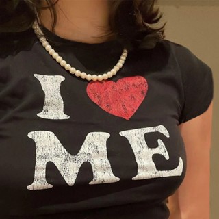 เสื้อยืดแขนสั้น พิมพ์ลาย I LOVE ME สไตล์ฮาราจูกุ