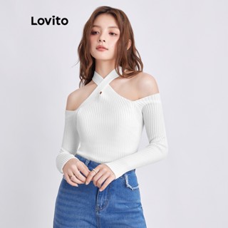 Lovito สเวตเตอร์ลำลองสีพื้น ลำลอง เปิดไหล่ คล้องคอ ทรงคัตเอาท์ L37AD087 (สีขาว)