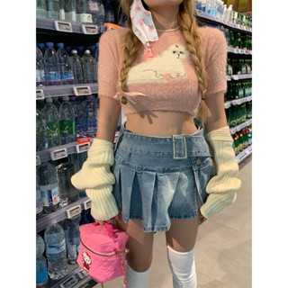 【JMWOMEN】เสื้อท็อปแขนสั้น ผ้าถัก เอวสูง ผ้ากํามะหยี่ขนนิ่ม ลายคิตตี้น่ารัก สําหรับผู้หญิง
