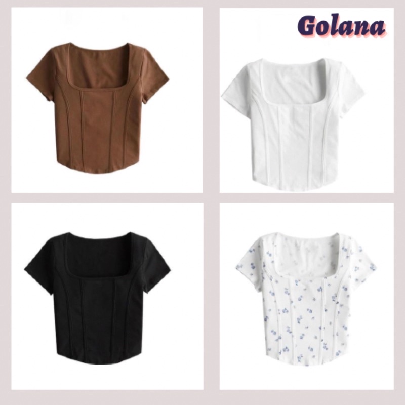 เสื้อครอปท็อปแขนสั้นสไตล์เกาหลีเสื้อเชิ้ตคอสี่เหลี่ยมแฟชั่นฤดูร้อนสําหรับผู้หญิง(มีไซส์ใหญ่) CRT08