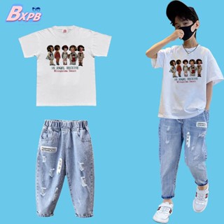 Bxpb- ชุดเสื้อยืดแขนสั้น และกางเกงยีน ทรงหลวม ใส่สบาย แฟชั่นฤดูร้อน สําหรับเด็ก ไซซ์ 110-170