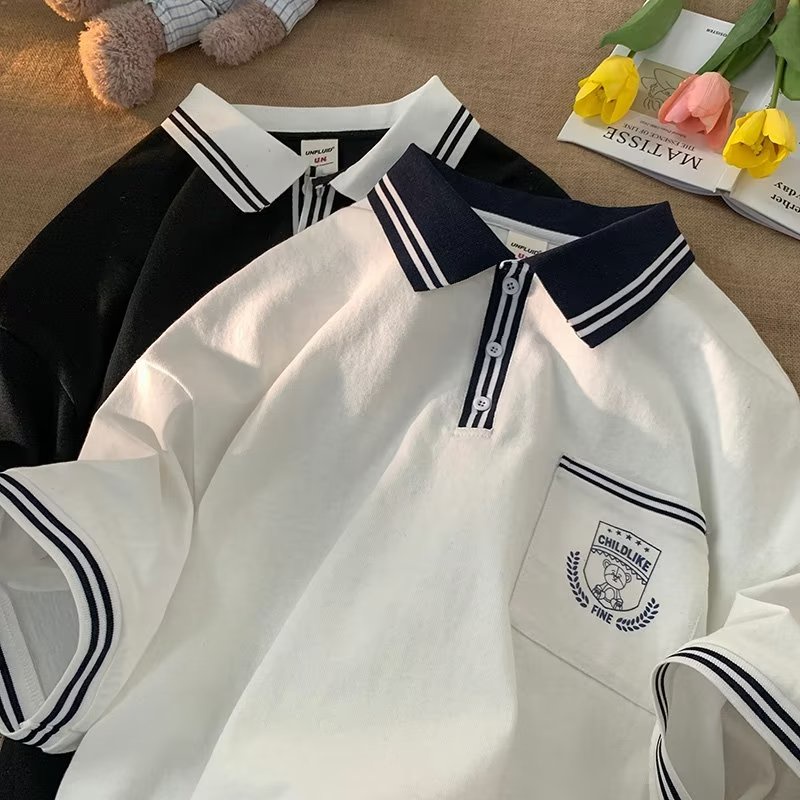 เสื้อโปโลแขนสั้น คอปก ทรงหลวม สีพื้น สไตล์เกาหลี สําหรับผู้ชาย