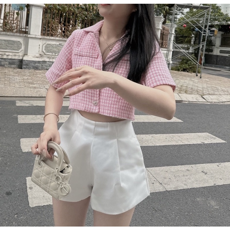 SET CROP PINK CARROT COLLAR WHITE VEST SHORT🌸