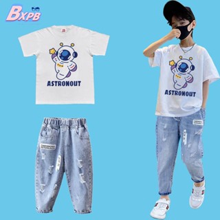 Bxpb- ชุดเสื้อยืดแขนสั้น และกางเกงยีน ทรงหลวม ใส่สบาย แฟชั่นฤดูร้อน สําหรับเด็ก ไซซ์ 110-170