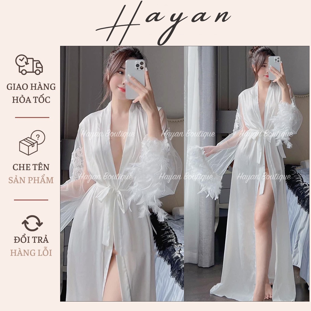 Ht220 ชุดนอนเซ็กซี่ผ้าไหมแขนลูกไม้ขนนกหรูหราเซ็กซี่เย้ายวนเสื้อคลุมแต่งหน้าเจ้าสาว HT220