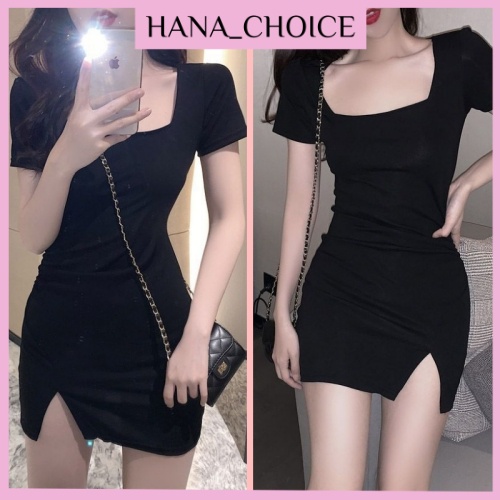 ชุดเดรสเข้ารูปเซ็กซี่และน่าสนใจพร้อมแขนสั้นผ่าและคอยูยางยืดยางสีดํา -HND04