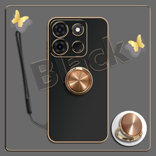 เคสซิลิโคนชุบไฟฟ้า แบบนิ่ม 360 องศา สําหรับ Infinix Smart 7 X6515°ขาตั้งแหวนโลหะ และสายคล้องซิลิโคน