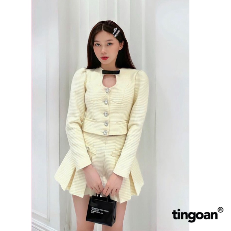 Tingoan - เสื้อผ้าทวีตสีเหลืองอ่อนเว้าเอวและผูกโบว์ BABY DIAMOND TOP/YL