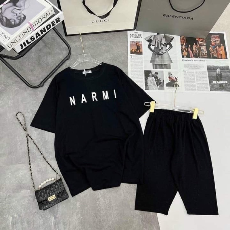 3158 ชุดเสื้อยืดแขนสั้นผ้าฝ้ายแห้ง + เลกกิ้งครึ่งตัว ชุดเสื้อยืด NARMI