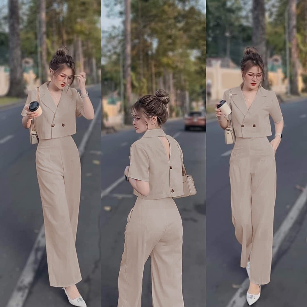 ชุดเสื้อผ้าผู้หญิงน่ารักดีไซน์ละเอียดอ่อนชุดกางเกงขากว้าง2ชิ้นและเสื้อครอปผู้หญิงน่ารักมีกระดุมแขนกุด