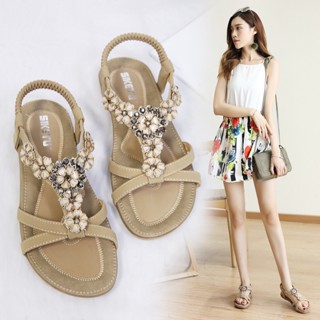 [New in stock] summer 2023 sweet sandals womens bohemian flower rhinestone large size flat shoes beach shoes quality assurance MAV4