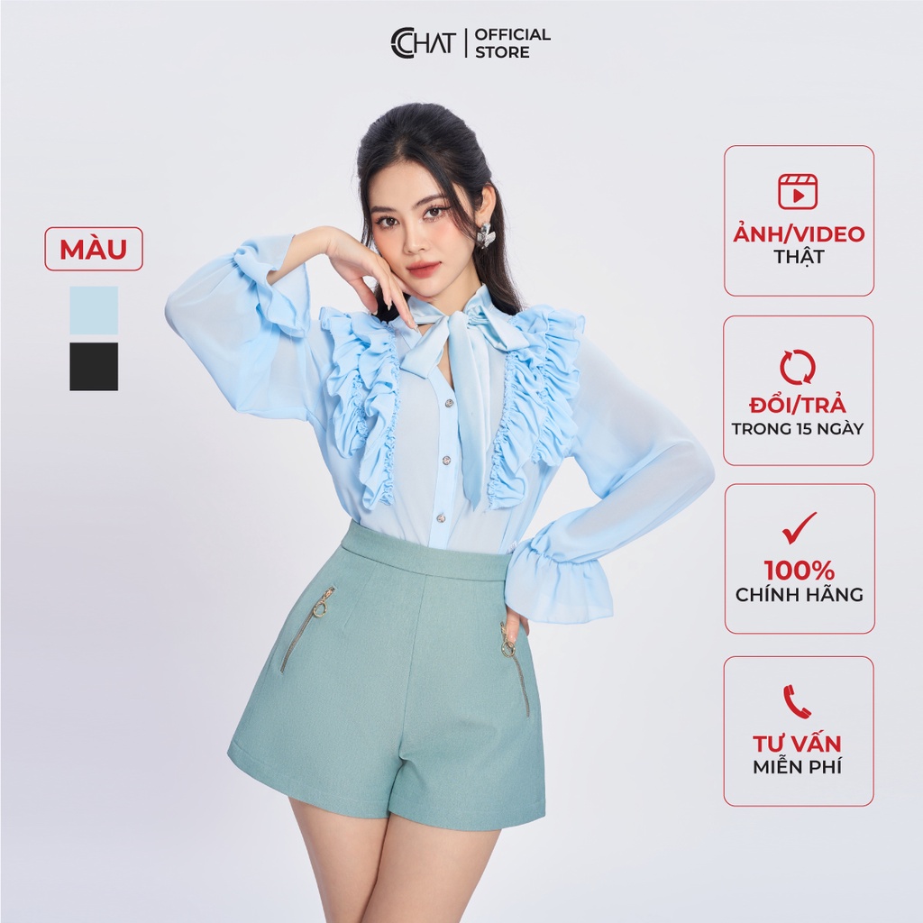 เสื้อเชิ้ตผู้หญิง CCHAT คอปกไหล่จับจีบผ้าชีฟองเนื้อนุ่ม 22FDV8005ST
