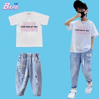 Bxpb- ชุดเสื้อยืดแขนสั้น และกางเกงยีน ทรงหลวม ใส่สบาย แฟชั่นฤดูร้อน สําหรับเด็ก ไซซ์ 110-170