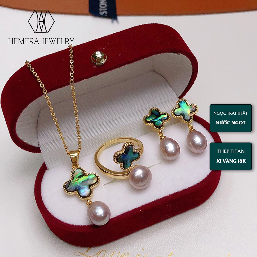 Hemera ชุดเครื่องประดับสร้อยคอ-ต่างหู-แหวนมุกวัฒนธรรมน้ําจืดฝังด้วยเปลือกโคลเวอร์สี่ใบ HMR40