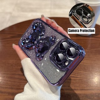 ฟิล์มกันรอยเลนส์กล้อง กันกระแทก พรีเมี่ยม สําหรับ iPhone 14 Pro Max plus Case iPhone 13 12 Pro Max Case 14 Promax plus Glitter 3D Crystal Bear Transparent Soft Back Cover