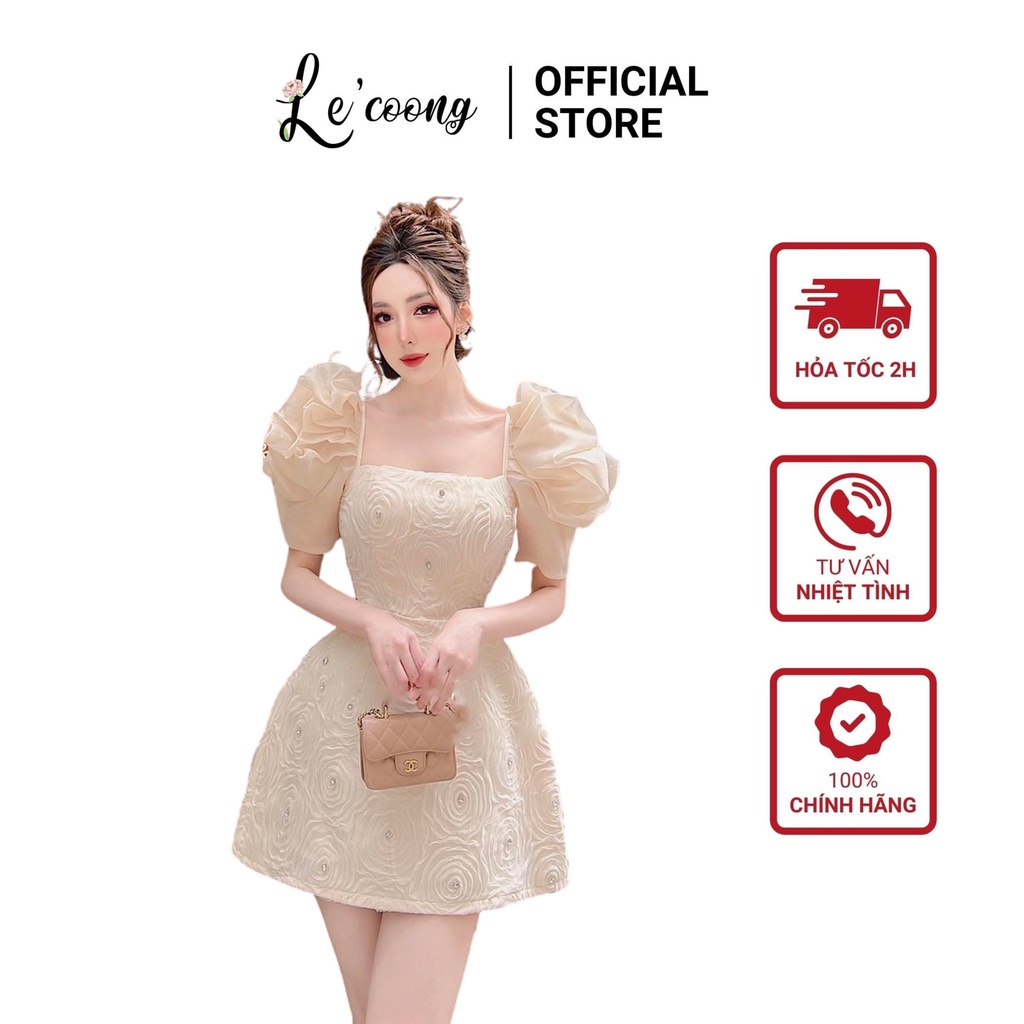 LECOONG V337 ชุดเดรสแขนจีบผู้หญิง ชุดเดรสปาร์ตี้คอเหลี่ยมครีมหรูหรา