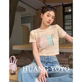 เสื้อยืดแขนสั้น ผ้าถัก ปักลายดอกไม้ แฟชั่นสําหรับผู้หญิง