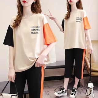 【40-80KG】Women Large Size Sport Short Sleeve T-shirt+ Pants Set C10045