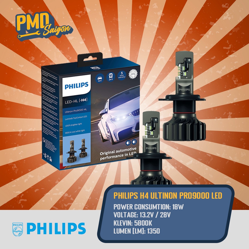 Philips Ultinon LED Pro9000 Pin H4 - H7 - H11 - HB3 /4 - HIR2 - HS1 - 13.2V / 18W - ( ของแท ้