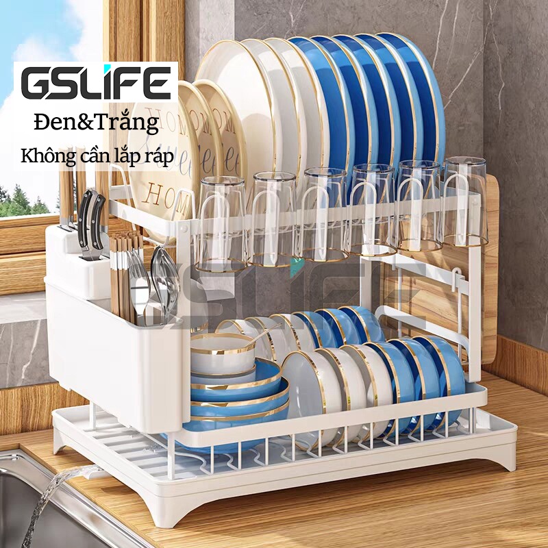 Gslife ชั้นวางจาน 2 ชั้นพร้อมถาดระบายน้ํา ชั้นวางพับห้องครัวอเนกประสงค์สไตล์ยุโรป