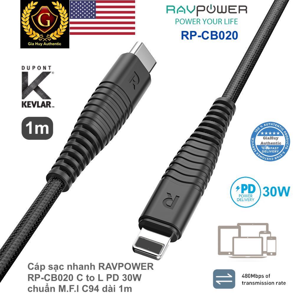 RAVPOWER RP-CB020 C to L PD 30W สายชาร์จเร็ว มาตรฐาน ML ยาว 1m